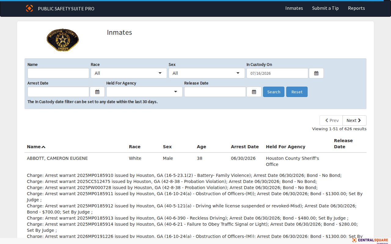 Perry people search through the Houston County current inmate portal